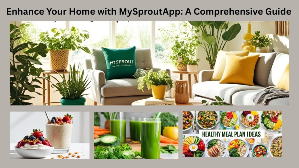 a collage of a room with a couch and a table with food
